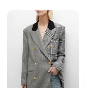 Ronny Kobo Collection Gray Plaid Blazer with Black Collar